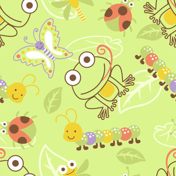 Seamless pattern vector of funny bugs cartoon with frog