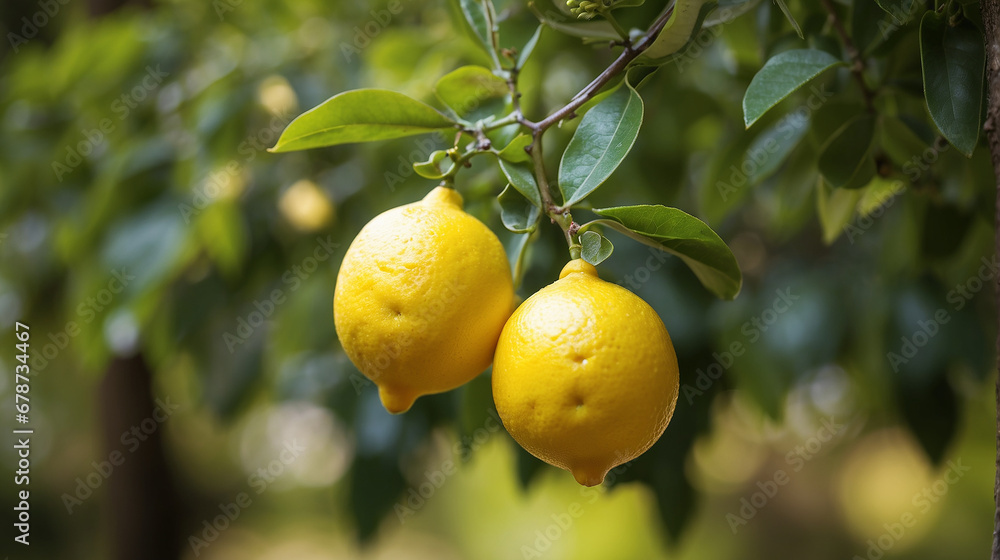 Poster a closeup of a couple of lemons hanging on a branch with a defocused background - ai generative