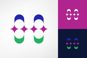 The letter H logo has a circle pattern with negative space and a symbol of sparkling starlight. A modern, simple style. Perfect for art design companies, fashion, jewelry, personal, retail, hotel, etc