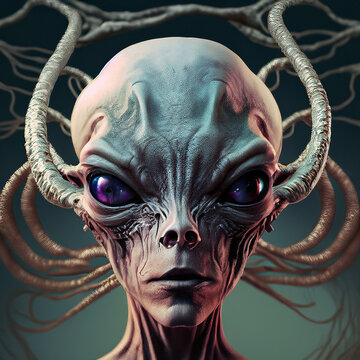 Alien face with tentacles extruding from the head