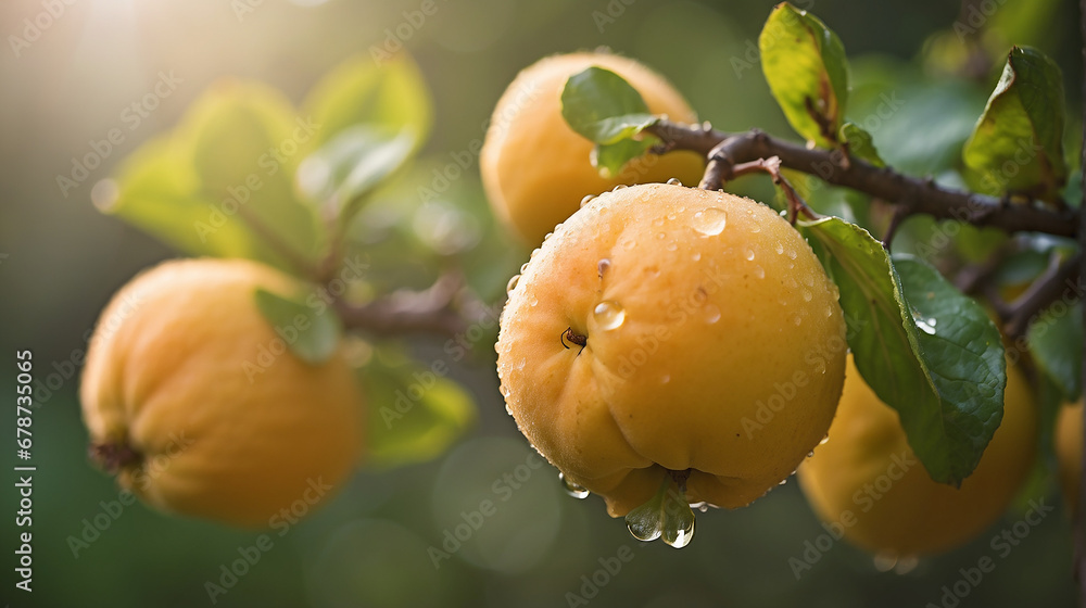 Aufkleber a closeup of a couple of quince hanging on a branch with a defocused background - ai generative