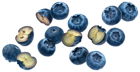 Falling blueberries, bilberry halves isolated on white background