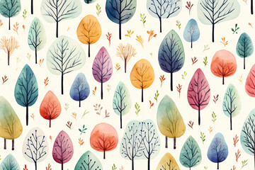 watercolor childish trees seamless pattern
