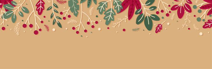 Bannière végétale de fin d'année - Illustrations vectorielles pour célébrer Noël - Éléments décoratifs festifs - Bandeau de Noël - Décors végétaux colorés et modernes - Dessins éditables - Décembre
 - obrazy, fototapety, plakaty