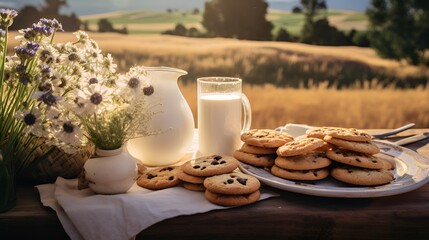 A plate of cookies milk and chocolates on a table. Generated AI