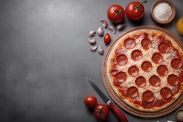 Composition with tasty pizza and ingredients on grey background, top view
