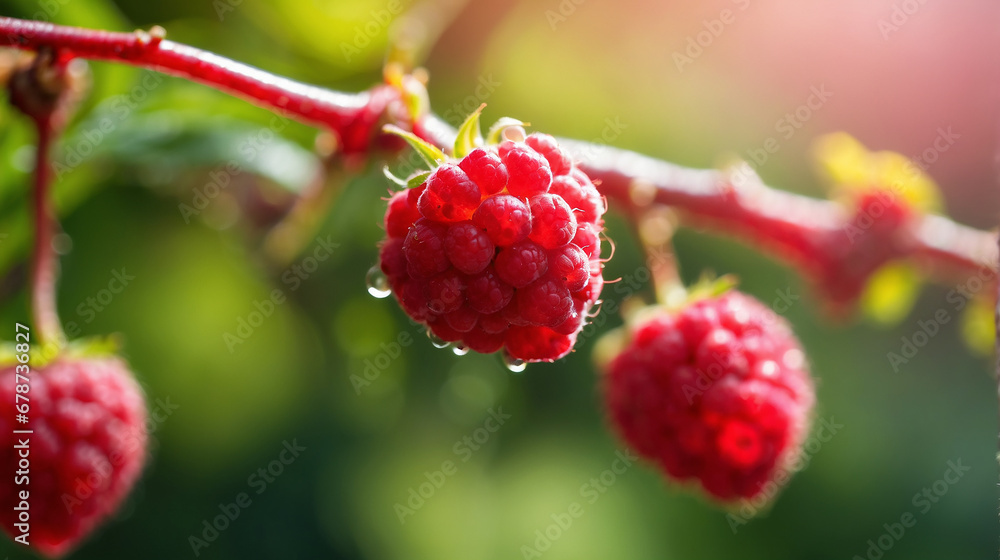 Poster a closeup of a couple of respberry hanging on a branch with a defocused background - ai generative