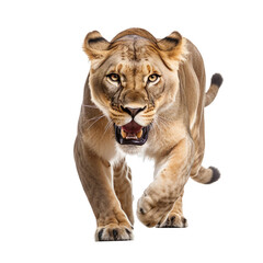 Obraz premium front view of a lioness animal running towards the camera on a white transparent background 