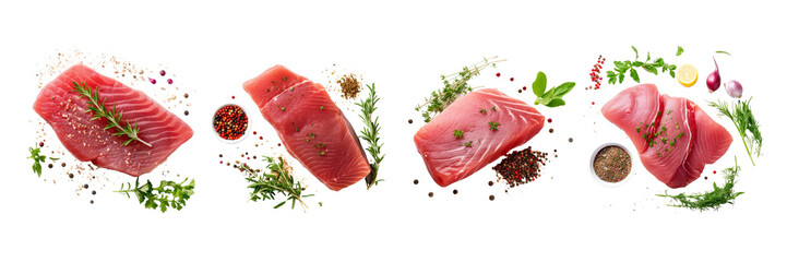 Set of Raw tuna fish fillet with herbs and spices top view isolated on transparent or white background - obrazy, fototapety, plakaty