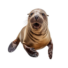 Obraz premium front view of a lion animal running towards the camera on a white transparent background 