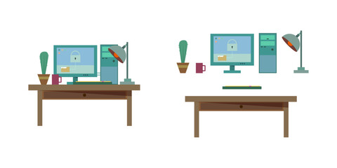 Office workplace interior. Flat desing vector and illustration with icons. Computer desktop working space
