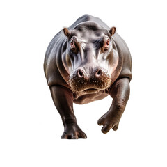 Fototapeta premium front view of a hippopotamus animal running towards the camera on a white transparent background 