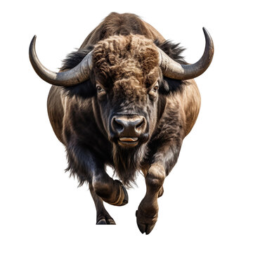 front view of a buffalo animal running towards the camera on a white transparent background 