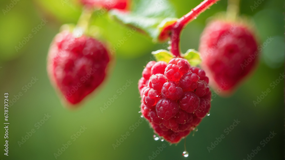 Poster a closeup of a couple of respberry hanging on a branch with a defocused background - ai generative