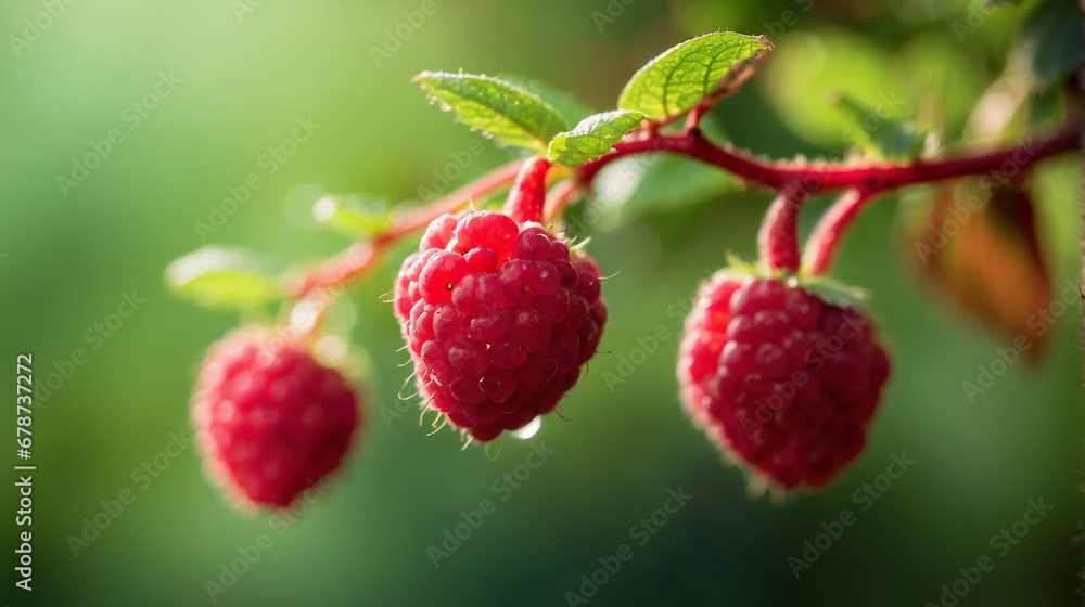 Poster a closeup of a couple of respberry hanging on a branch with a defocused background - ai generative