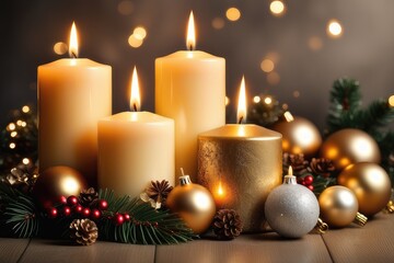 Burning candles with christmas decoration on dark background, closeup