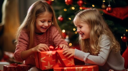 Fototapeta na wymiar Happy children opening Christmas gifts. Merry Christmas and Merry New Year concept.