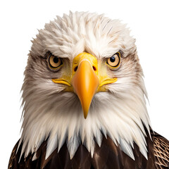 front view face close up of Bald Eagle bird on a white transparent background