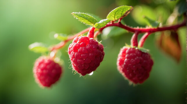 A closeup of a couple of Respberry hanging on a branch with a defocused background - AI Generative