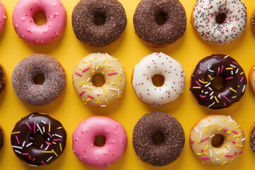 Donuts with colored icing on a yellow background, flat lay
