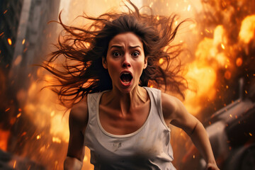 Afraid woman run away from bomb explosion, shell - obrazy, fototapety, plakaty