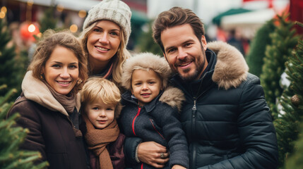 A happy family with a child and parents chooses a New Year's tree at the Christmas tree market. Merry Christmas and Merry New Year concept.