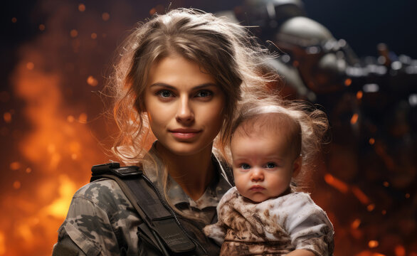 female soldier saves a child after artillery shelling
