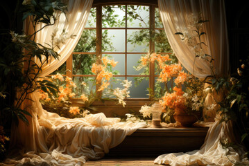 Window with curtains in a country house