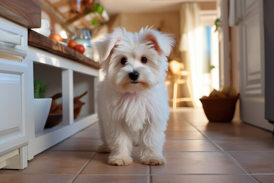 White dog in the kitchen at home