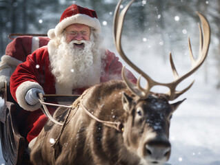 Santa Claus riding in a sleigh with reindeer in snowy forest.
 - obrazy, fototapety, plakaty