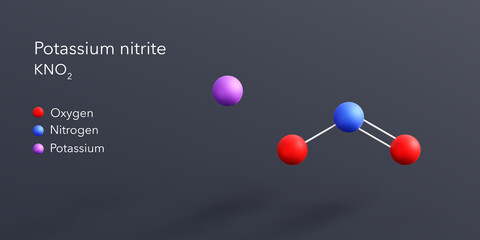potassium nitrite molecule 3d rendering, flat molecular structure with chemical formula and atoms color coding