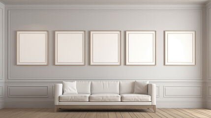 Frame mockup, ISO A paper size. Set of gallery frames. Interior mockup with house background. Modern interior design. 3D render