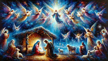 Mary, Joseph with baby Jesus in a manger. Nativity of Jesus. Christmas concept. - obrazy, fototapety, plakaty