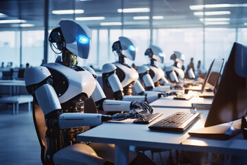 Futuristic worker.Humanoid work at office.Robot working at computer.Robot works instead of a person.Maschine typing on keyboard in office.IT team of future.Support job.Business concept. Technologies.