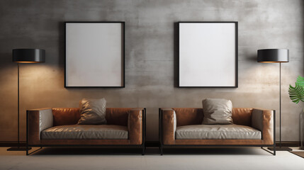 Frame mockup, ISO A paper size. Two frames by a couch in in luxury industrial style. Modern interior design. 3D render
