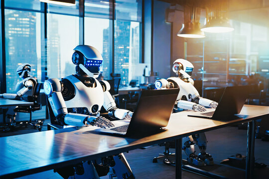 Robot working at computer.Robot works instead of a person.Maschine typing on keyboard in office.IT team of future.Futuristic worker.Humanoid work at office.Support job.Business concept. Technologies.