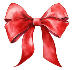Red watercolor ribbon, satin bow. Decorative graphic element for the design of postcards, invitations, weddings and Christmas celebration. Isolated scrapbooking object. 