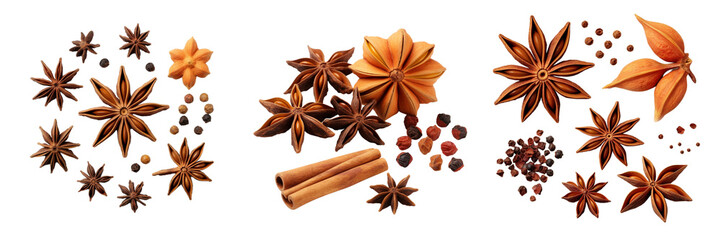 Set of Star anise spice fruits and seeds isolated on transparent or white background