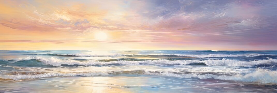 painting of beautiful beach at sunset with waves , generated by AI