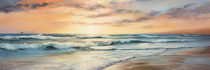 Photo sur Plexiglas Coucher de soleil sur la plage painting of beautiful beach at sunset with waves , generated by AI