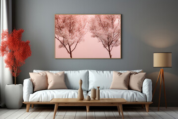 Mockups of posters or framed paintings on the wall above a couch in a modern living room