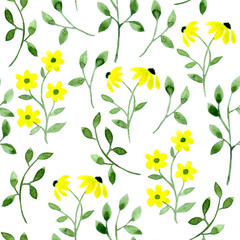 seamless pattern of simple yellow wildflowers. watercolor print of flowers.