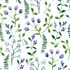 seamless pattern of simple wildflowers in violet color. watercolor print of flowers.