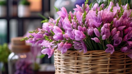 bouquet of pink and purple freesia flowers in basket. Springtime Concept. Mothers Day Concept with a Copy Space. Valentine's Day.
