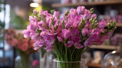 Bouquet of pink freesia flowers in vase on blurred background. Springtime Concept. Mothers Day Concept with a Copy Space. Valentine's Day.