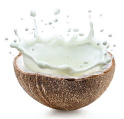 Coconut milk splash spraying from of half coconut fruit. File contains clipping path.