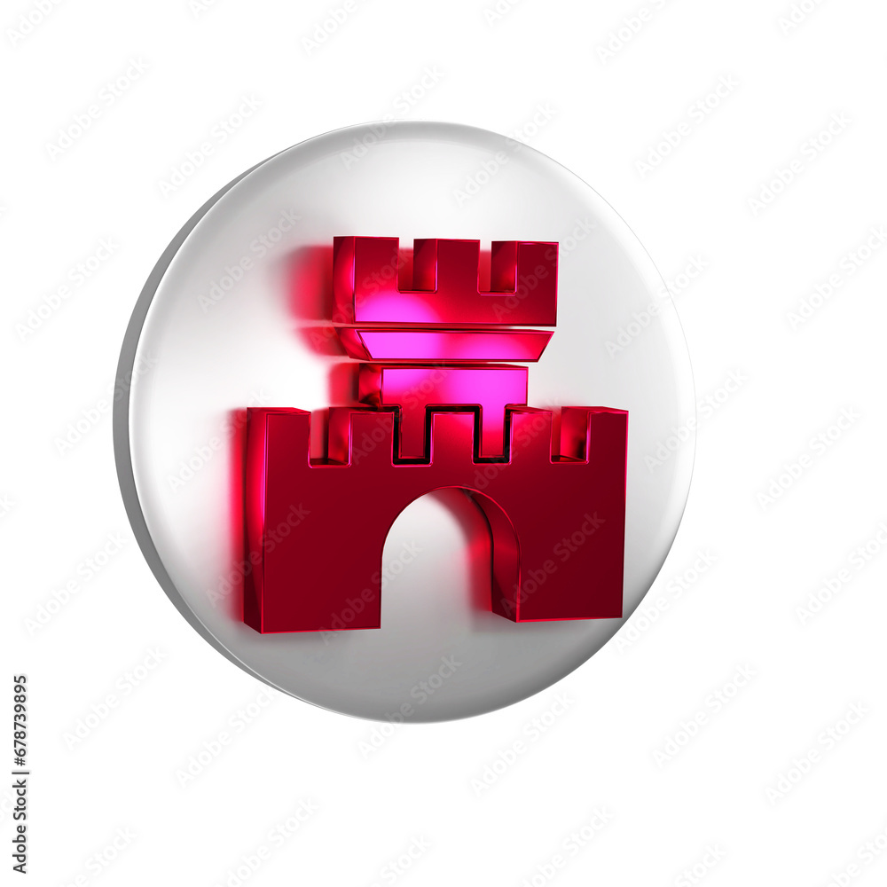 Poster red castle icon isolated on transparent background. medieval fortress with a tower. protection from 