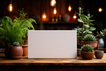 Business card layout on a wooden table with potted plants