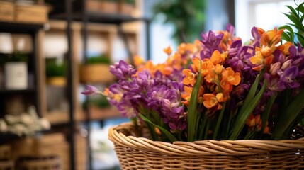 Bouquet of colorful freesia flowers in wicker basket. Springtime Concept. Mothers Day Concept with a Copy Space. Valentine's Day.