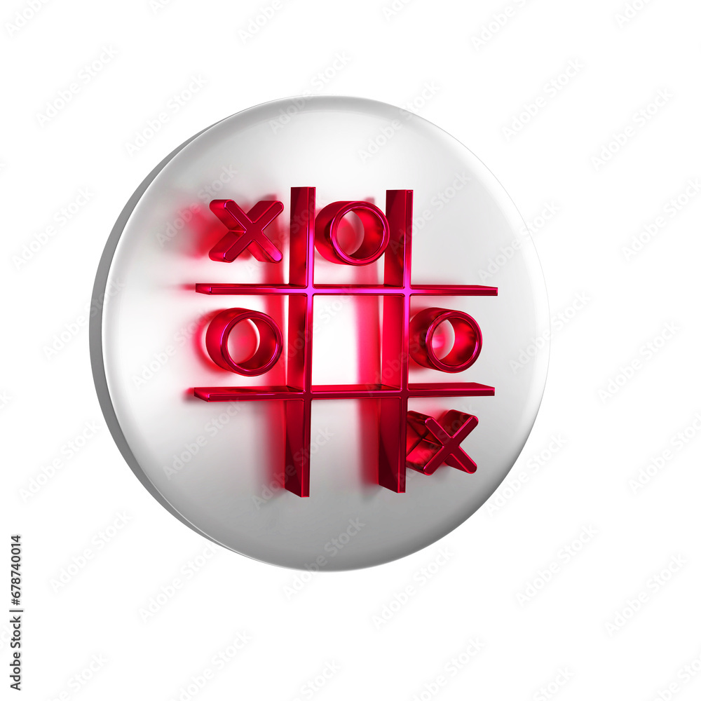Poster red tic tac toe game icon isolated on transparent background. silver circle button.